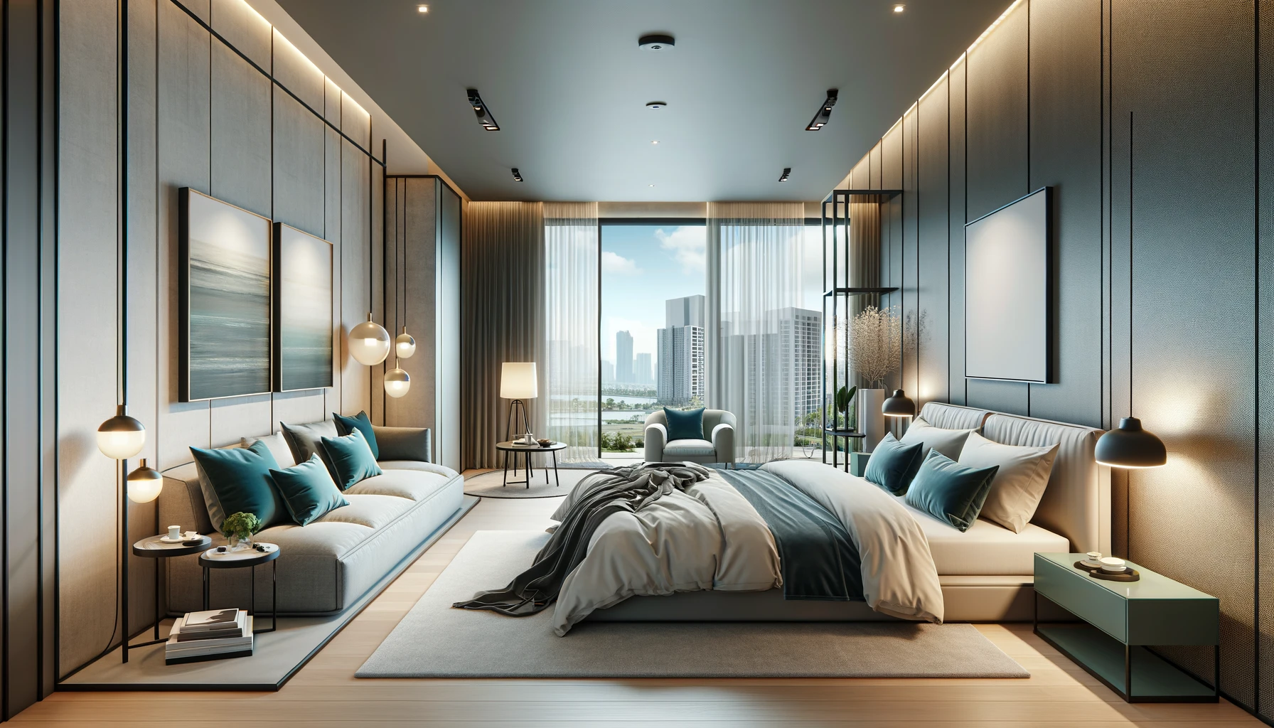 A modern and stylish bedroom design that seamlessly integrates a living space within its layout