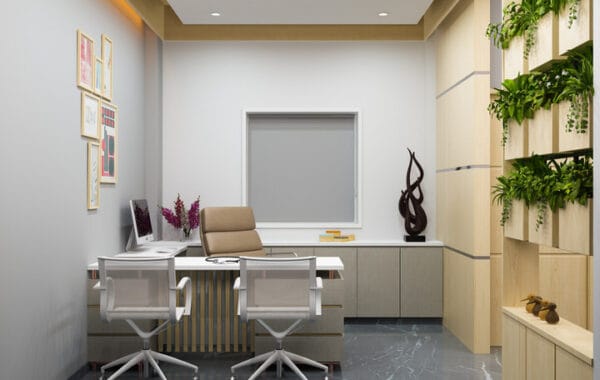 A modern gynecologist's examination room featuring a sleek ultrasound machine, an adjustable examination bed, and minimalistic decor with bright recessed lighting and gray marble flooring.