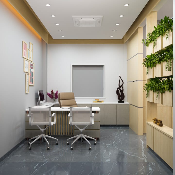 A modern gynecologist's examination room featuring a sleek ultrasound machine, an adjustable examination bed, and minimalistic decor with bright recessed lighting and gray marble flooring.