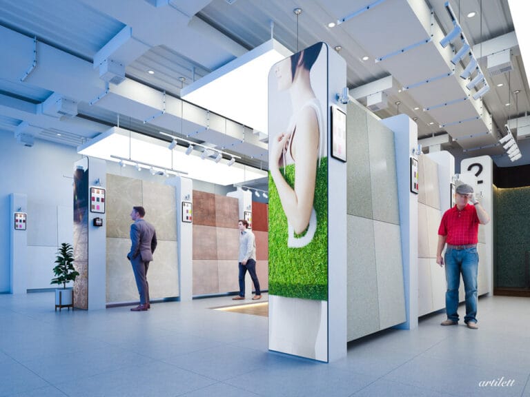 Modern-tile-showroom-with-sleek-display-panels-and-industrial-ceiling-design