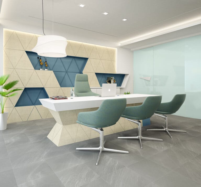 Sophisticated workspace design showcasing Lexus Ceramic's office with minimalist furniture, recessed shelving, pendant lighting, and a neutral color palette enhanced by geometric aesthetics.