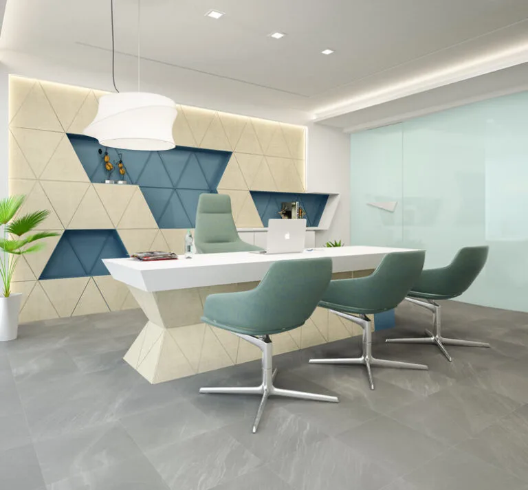 Sophisticated workspace design showcasing Lexus Ceramic's office with minimalist furniture, recessed shelving, pendant lighting, and a neutral color palette enhanced by geometric aesthetics.