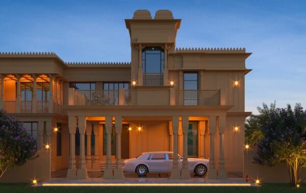 A front view of a luxurious villa designed by ARTILETT, showcasing traditional Indian architectural elements such as ornate columns, domed pavilions, and intricate latticework, illuminated by warm ambient lighting against a twilight sky.