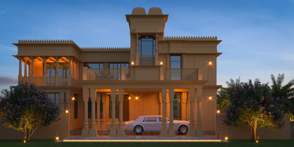 A front view of a luxurious villa designed by ARTILETT, showcasing traditional Indian architectural elements such as ornate columns, domed pavilions, and intricate latticework, illuminated by warm ambient lighting against a twilight sky.