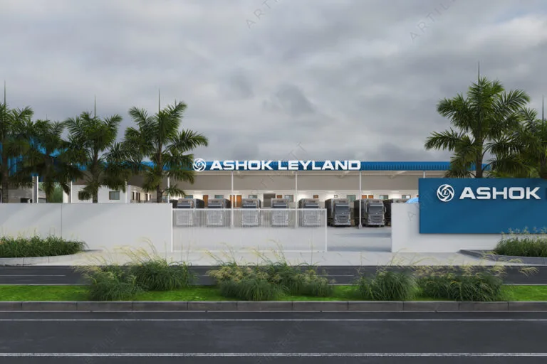 Artilett-designed Ashok Leyland showroom featuring contemporary architecture