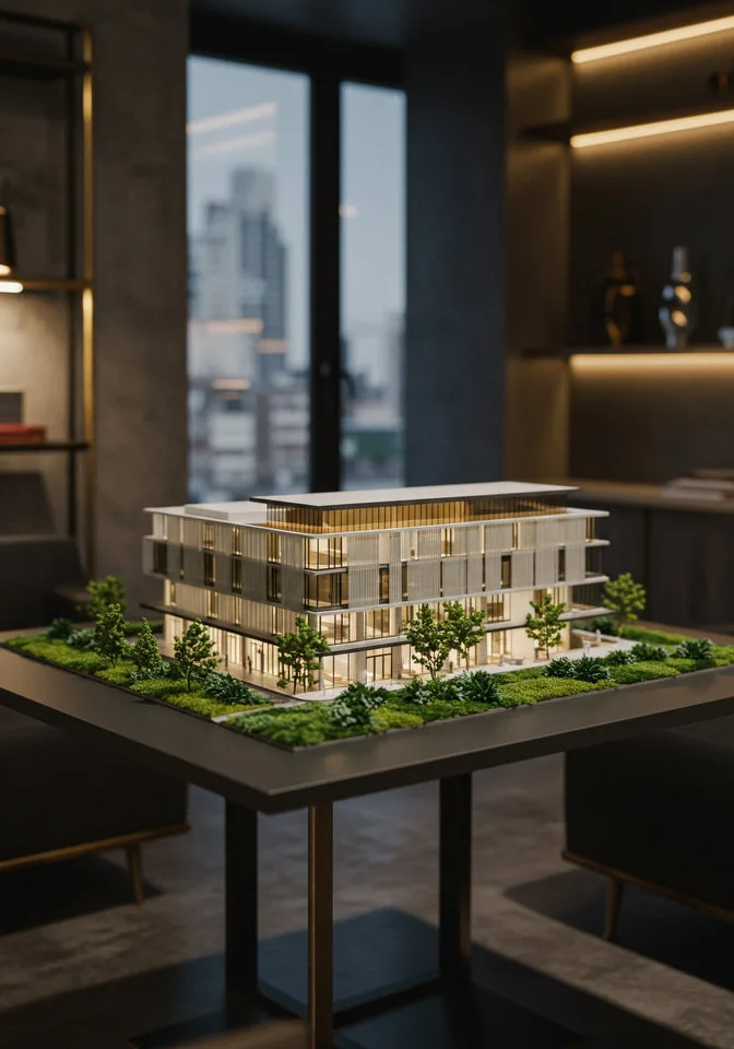 A contemporary commercial building with a sleek glass facade reflecting the city skyline, exemplifying modern architectural design by ARTILETT.