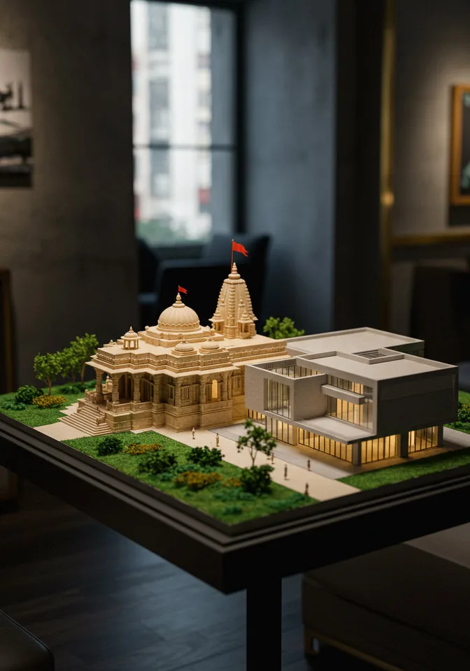 a model of a community building, besides having religious temple building miniature model on table