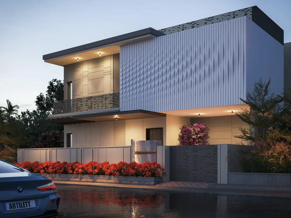 Side-front view of a contemporary home in India showcasing the balcony with its dark-framed railing and textured infill panels, along with the mixed cladding on the facade.