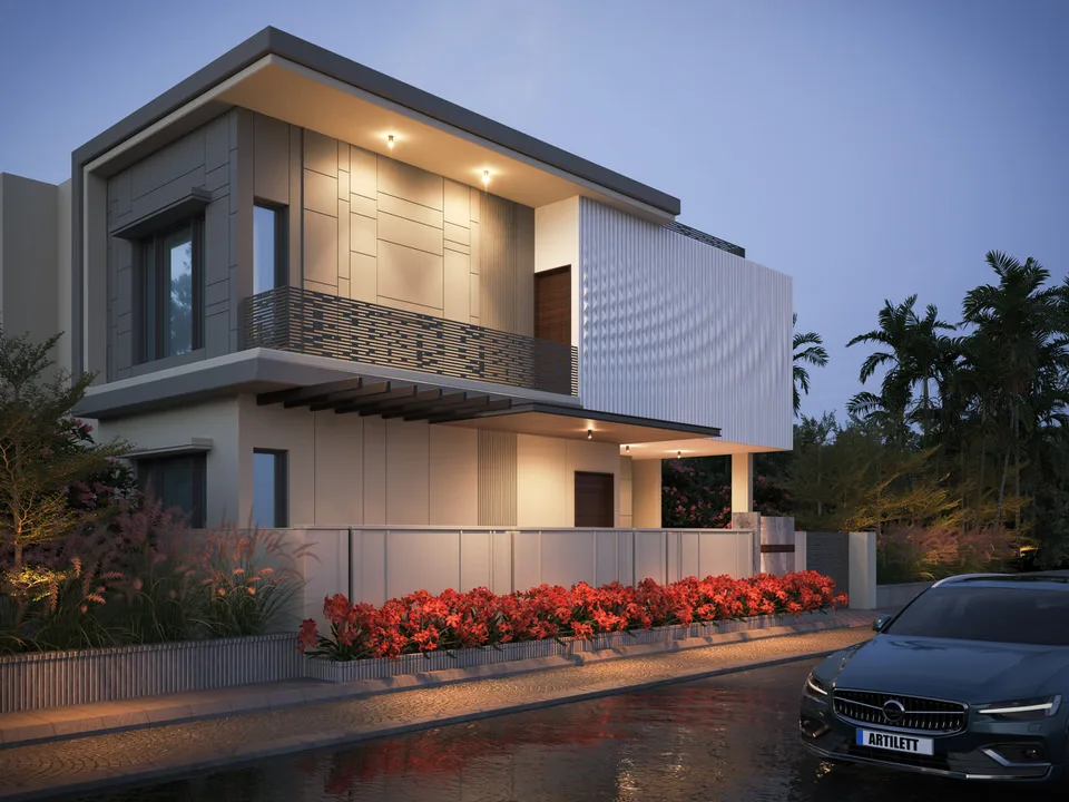 Front angle view of an impressive modern residence in India, highlighting the contrast between smooth light-colored cladding and horizontally grooved panels on the upper floor, along with the balcony.