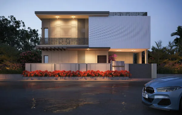 Front view of a modern two-story house in India featuring clean lines, mixed cladding materials, a flat roof, and front landscaping.