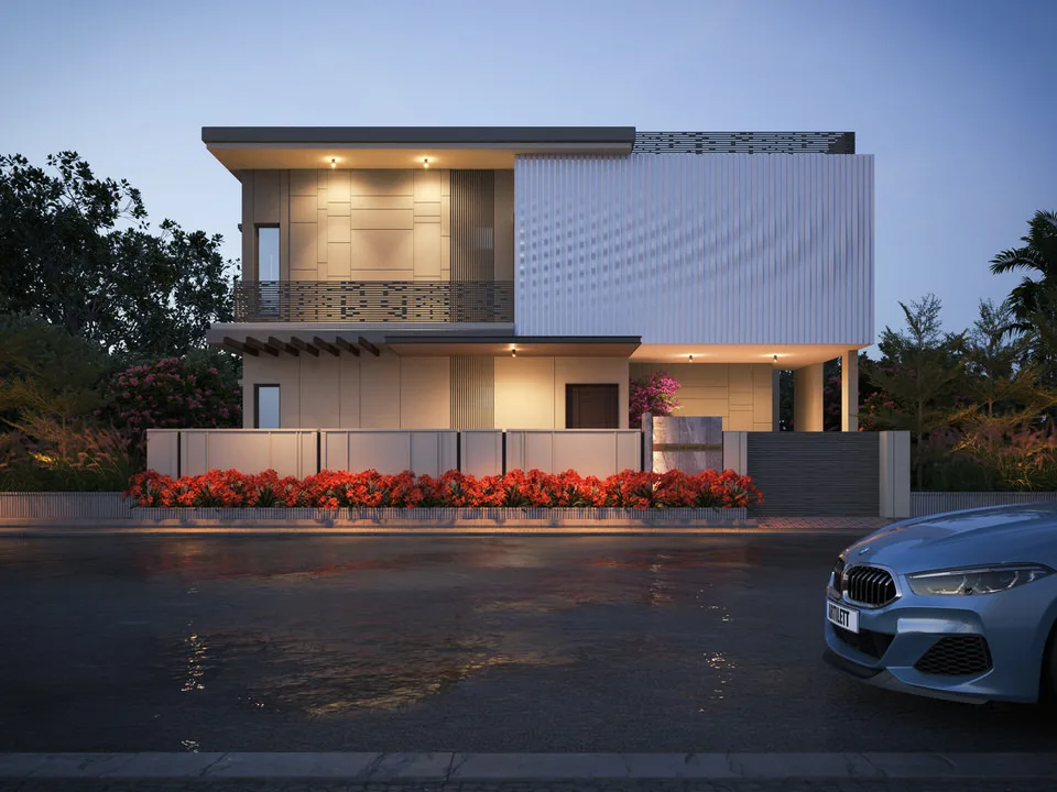 Front view of a modern two-story house in India featuring clean lines, mixed cladding materials, a flat roof, and front landscaping.