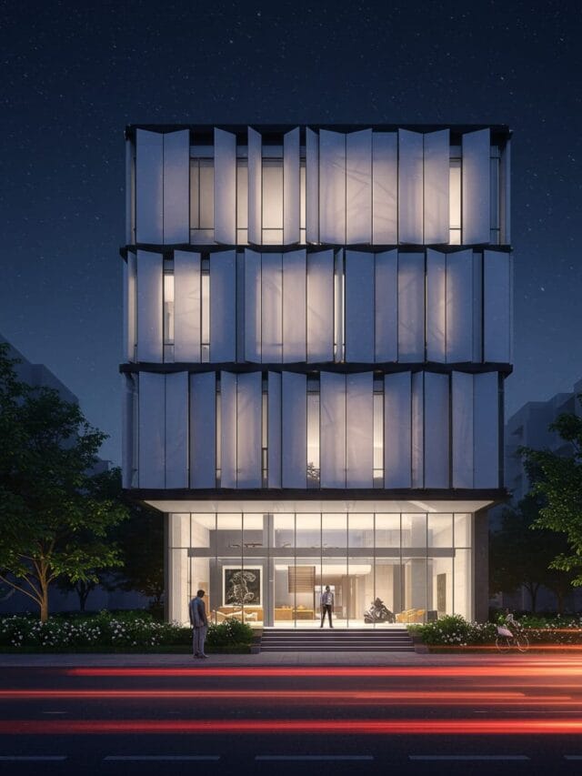 Striking night view of a modern commercial building designed by Artilett, featuring illuminated interiors and a dynamic facade.