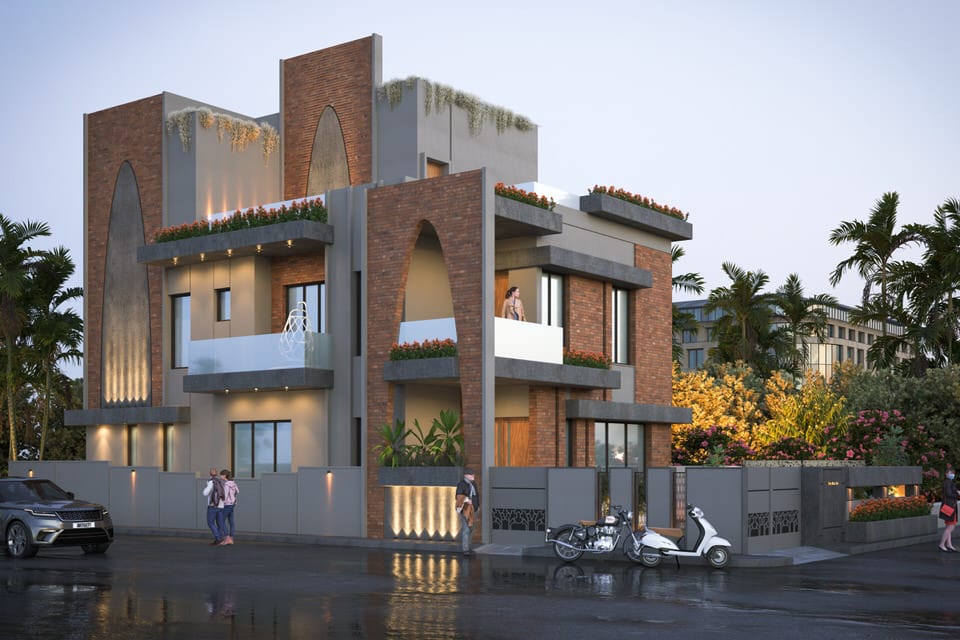 Modern house exterior featuring complex architectural elements like cantilevers and curved walls.