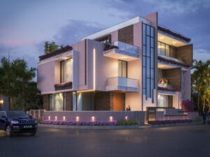 Modern house exterior featuring complex architectural elements like cantilevers and curved walls. Side-by-side comparison of standard vs. luxury interior finishes like kitchen countertops and flooring.