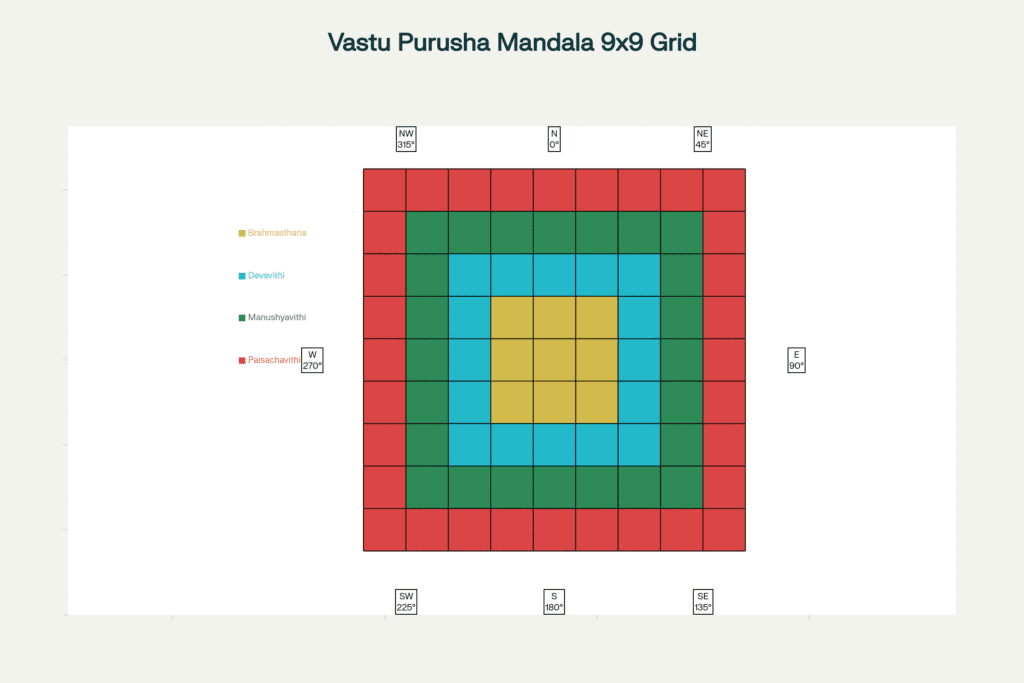 Vastu Purusha Mandala 9x9 Grid Technical Layout showing Brahmasthana and Energy Zones
