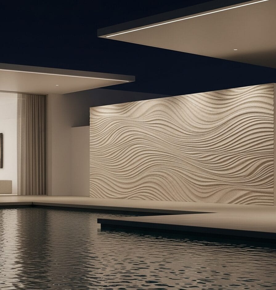 Minimalist living room with open center, warm neutral palette, rounded sofa, soft natural light, plants at the periphery.