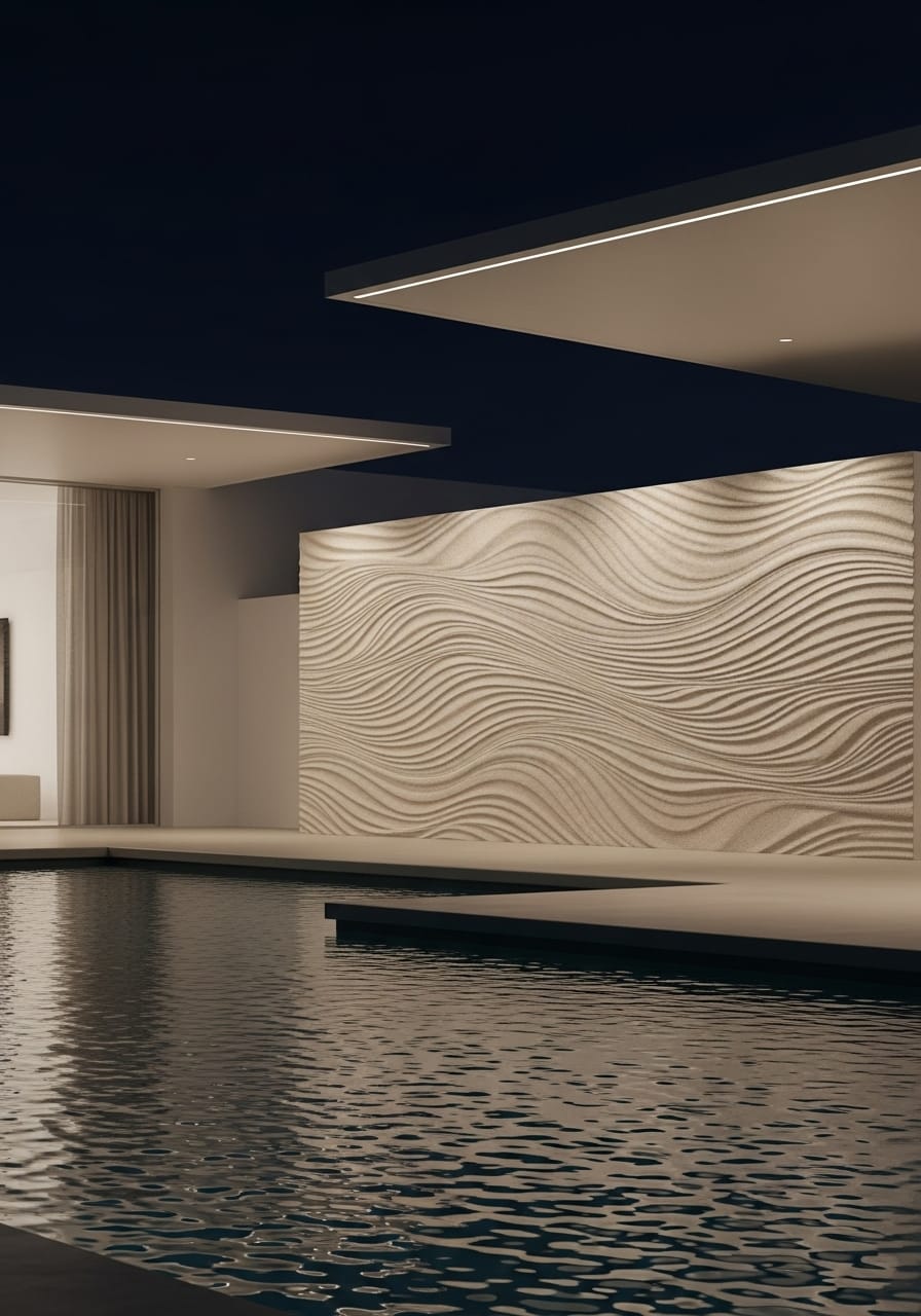 Minimalist living room with open center, warm neutral palette, rounded sofa, soft natural light, plants at the periphery.