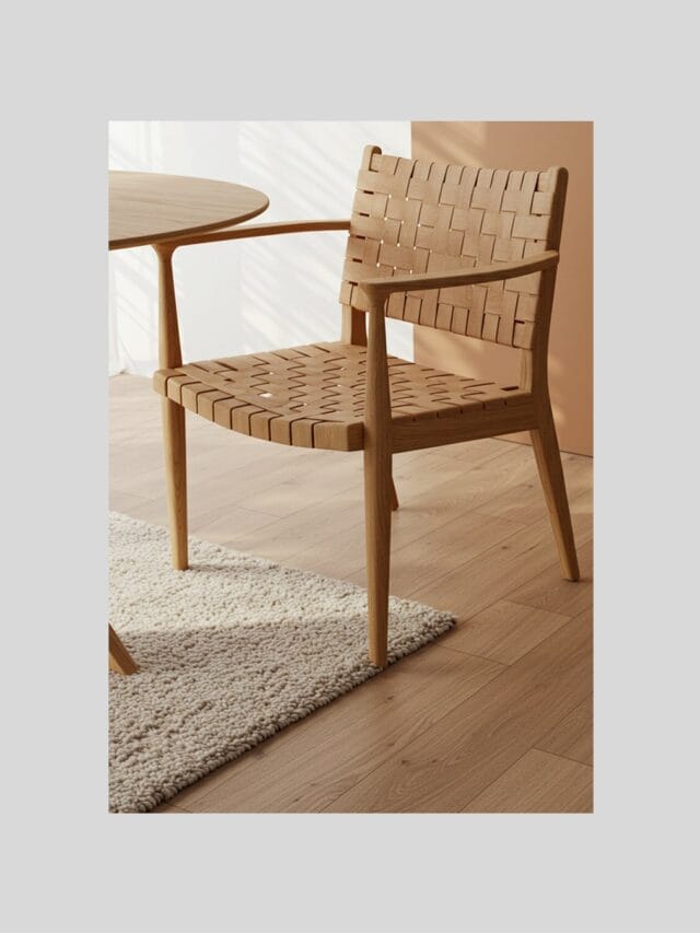 A light wooden armchair with a woven seat and back, partially tucked under a round light wooden table. The chair and table are on a light-colored wooden floor, with a textured light beige rug partially visible underneath the chair legs. Soft, diffused sunlight creates subtle shadows.