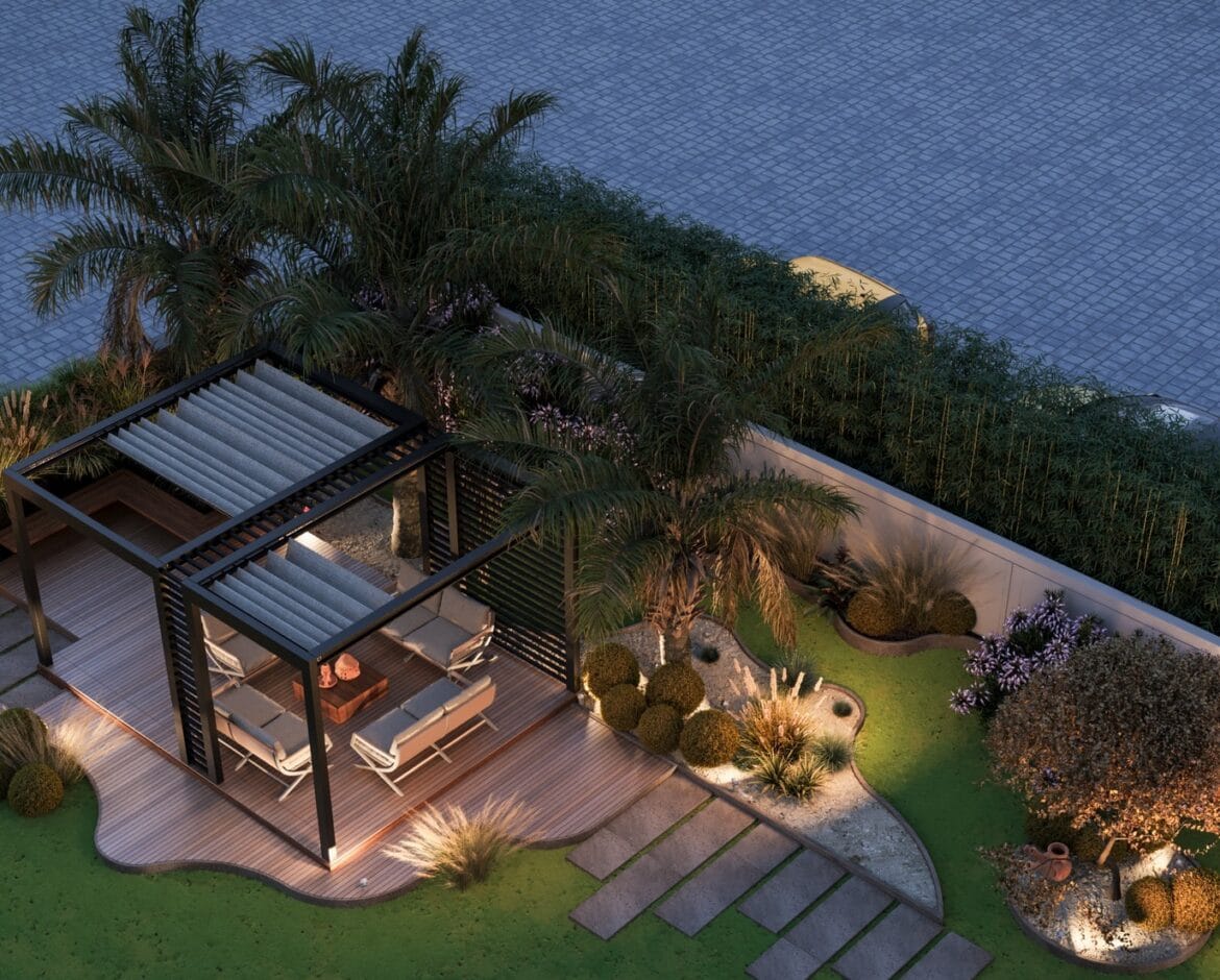 Modern aluminum pergola on timber deck with sculptural planting, lighting, and stepping‑stone path by Artilett