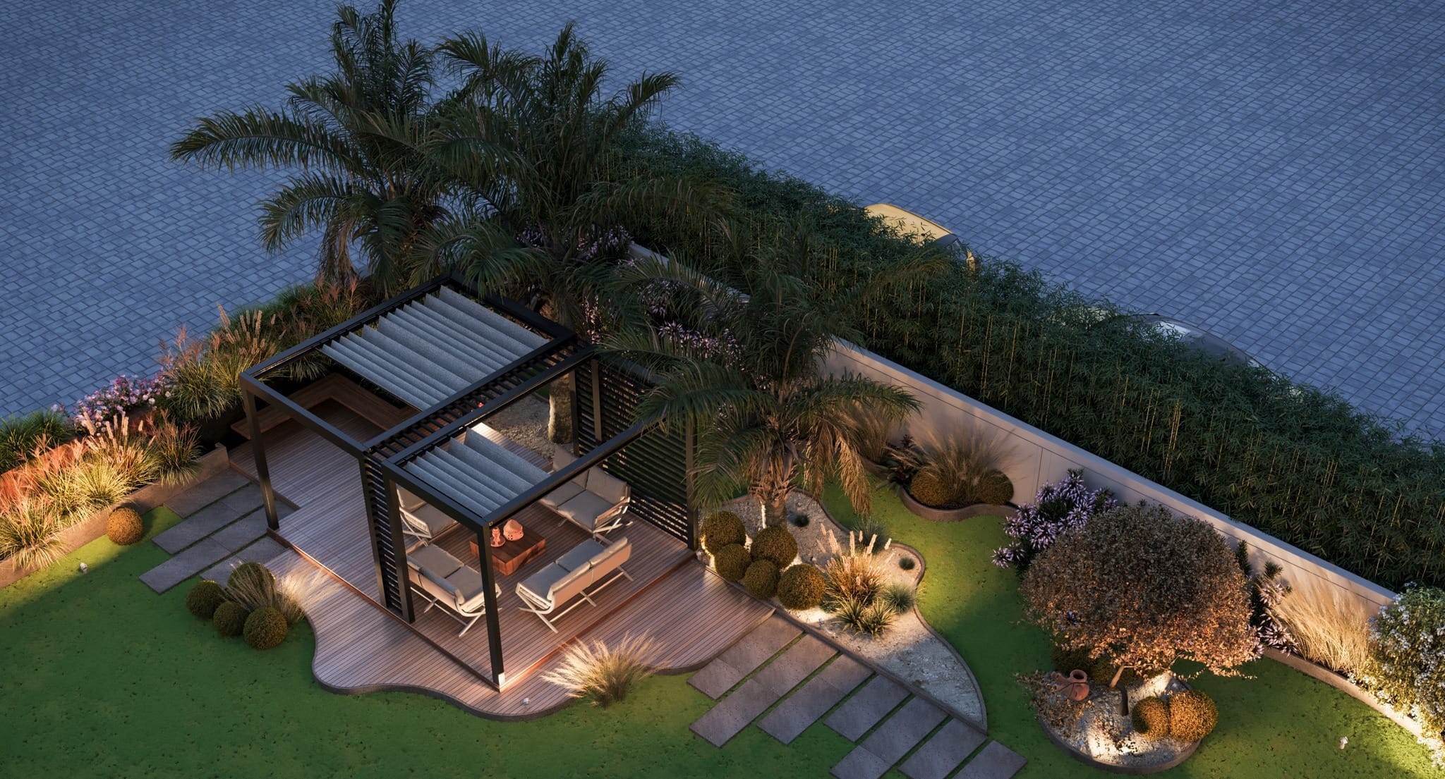 Modern aluminum pergola on timber deck with sculptural planting, lighting, and stepping‑stone path by Artilett