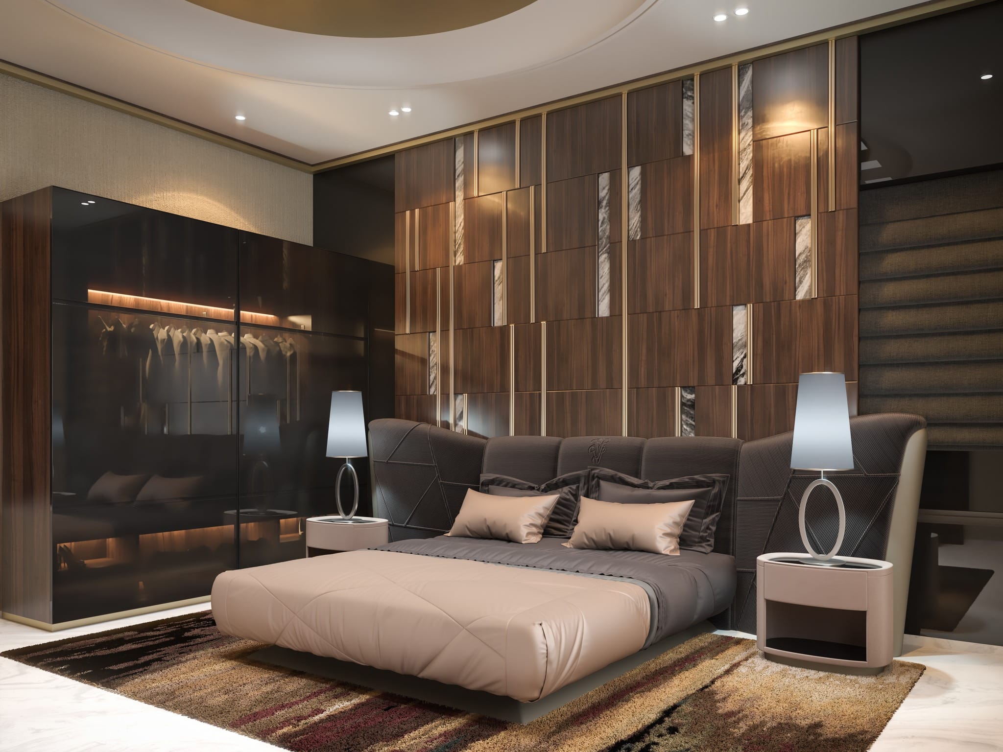 Modern master bedroom with upholstered platform bed, walnut and marble feature wall, gloss wardrobe, and warm layered lighting by Artilett