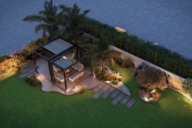 Conceptual design of an upscale bungalow garden