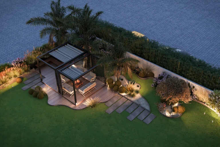 Conceptual design of an upscale bungalow garden