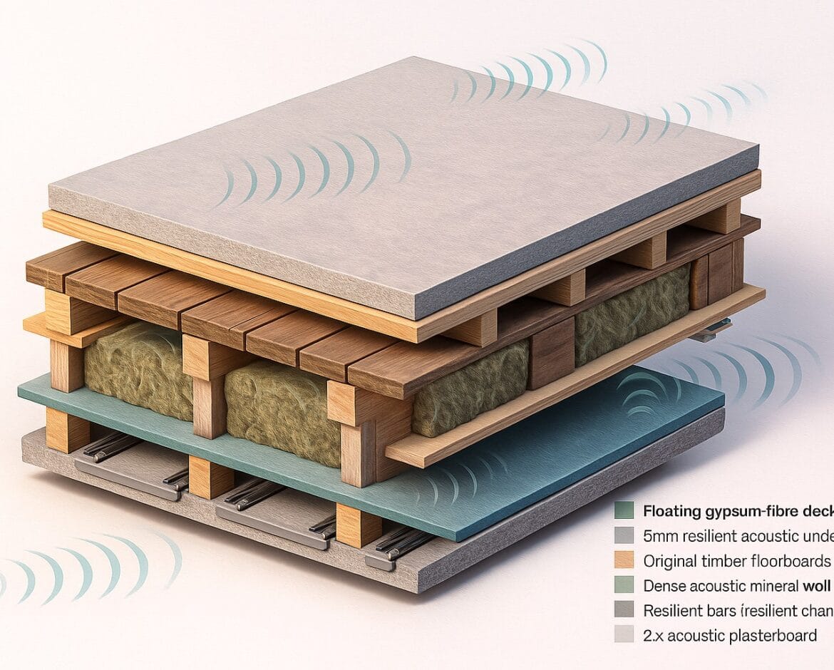 Retrofit timber floor cutaway: resilient bars, acoustic mineral wool and floating deck for Part E compliance