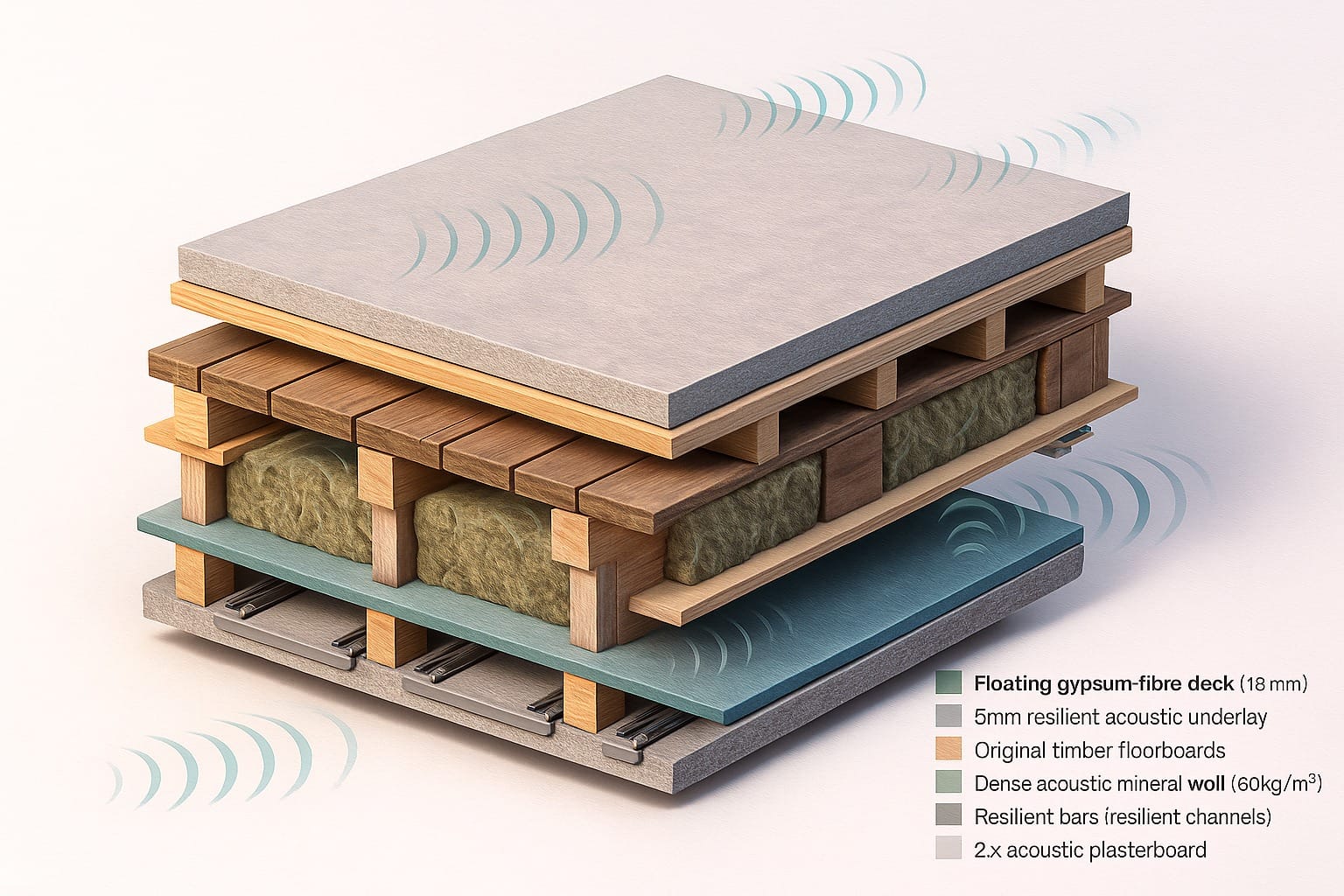 Retrofit timber floor cutaway: resilient bars, acoustic mineral wool and floating deck for Part E compliance