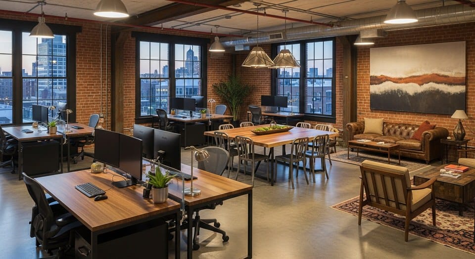 Restored industrial warehouse converted into a modern co-working space with natural light and exposed brick walls - adaptive reuse example