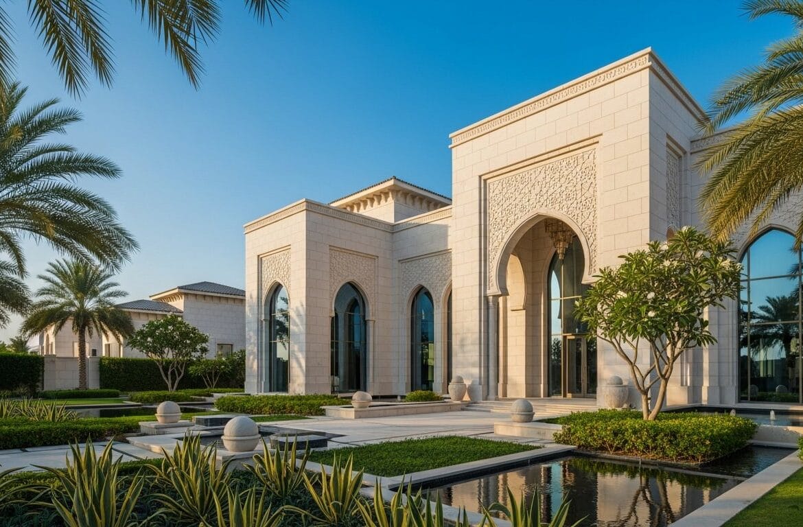 Modern Abu Dhabi villa under construction with scaffolding and cranes, desert skyline behind