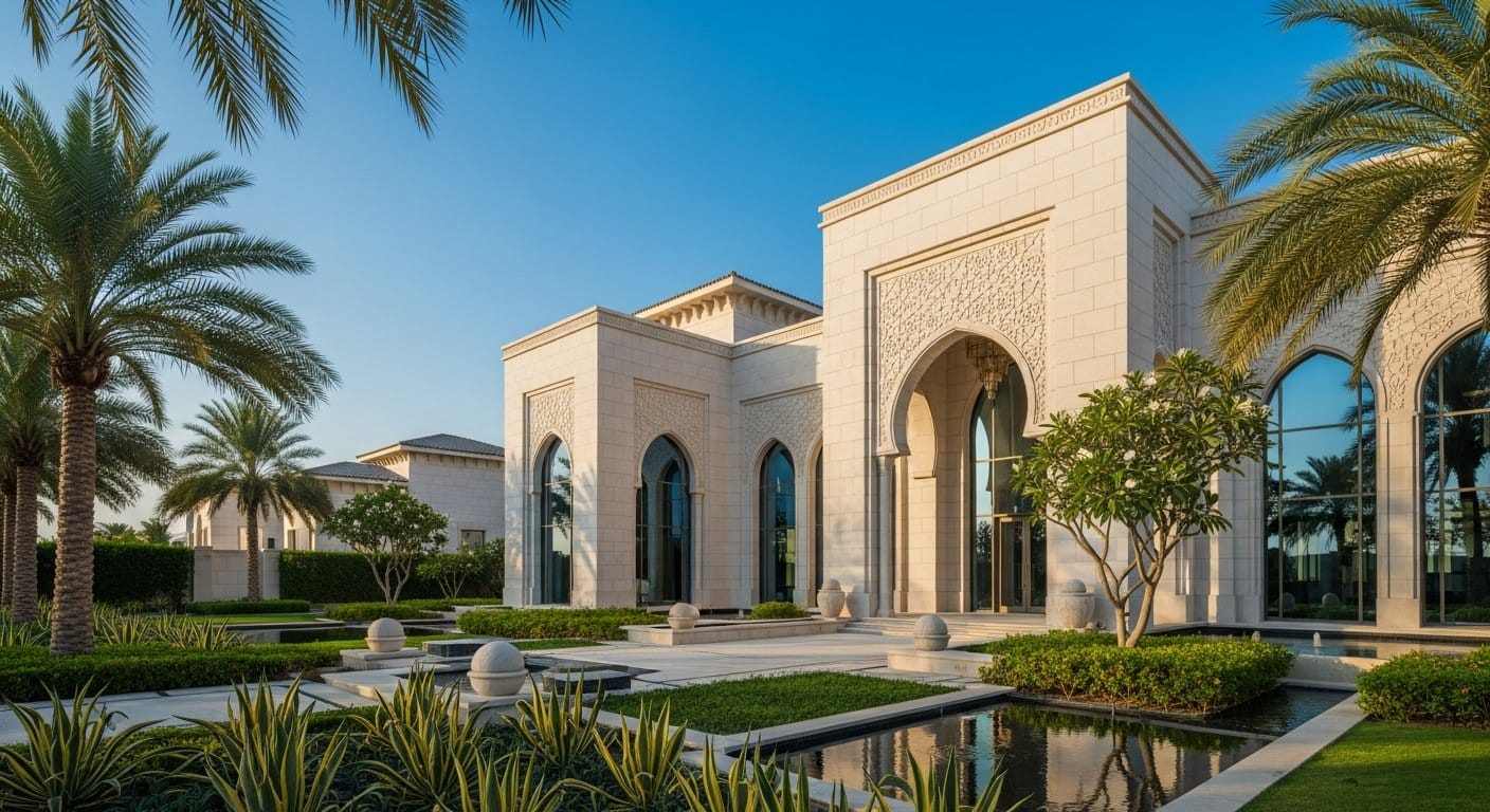 Modern Abu Dhabi villa under construction with scaffolding and cranes, desert skyline behind