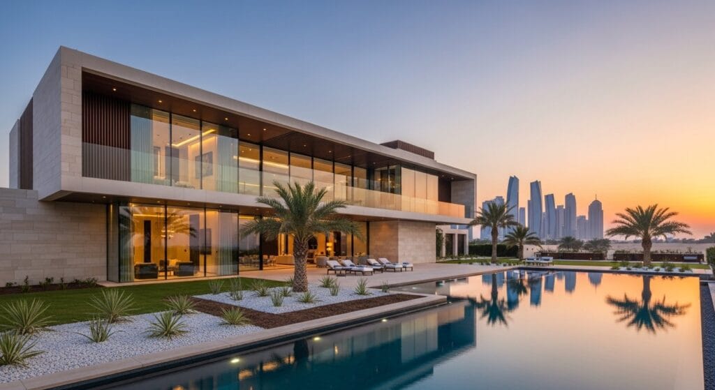 Modern Abu Dhabi villa under construction with scaffolding and cranes, desert skyline behind with Taxes, Contingency & Escalation