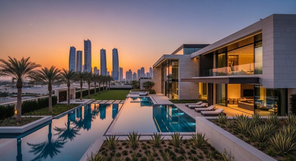 Modern Abu Dhabi villa under construction with scaffolding and cranes, desert skyline behind