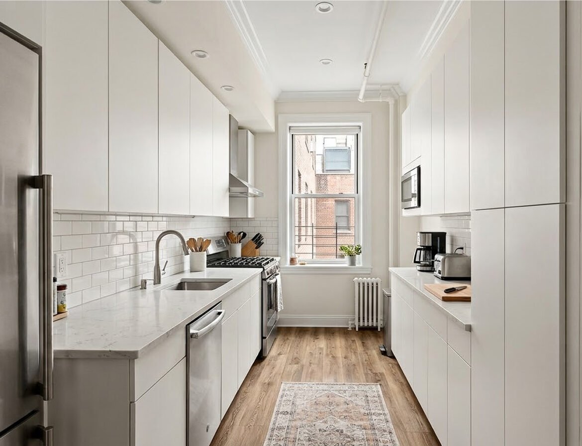 Compact galley modular kitchen in a New York apartment featuring space-saving ceiling-height cabinetry, matte finishes, durable quartz countertops, and integrated smart appliances.
