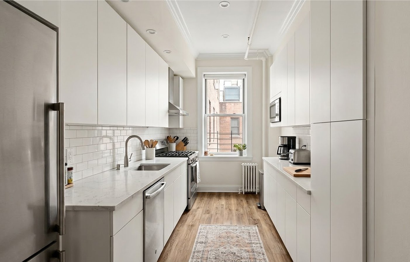 Compact galley modular kitchen in a New York apartment featuring space-saving ceiling-height cabinetry, matte finishes, durable quartz countertops, and integrated smart appliances.