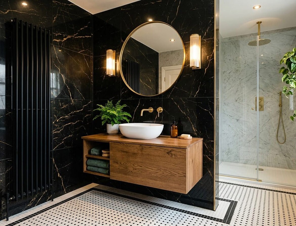 Luxurious modern bathroom featuring high-gloss black marble walls with gold veining, a floating natural oak vanity, brushed brass plumbing fixtures, and a frameless glass walk-in shower.