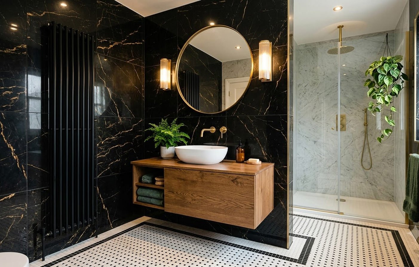 Luxurious modern bathroom featuring high-gloss black marble walls with gold veining, a floating natural oak vanity, brushed brass plumbing fixtures, and a frameless glass walk-in shower.