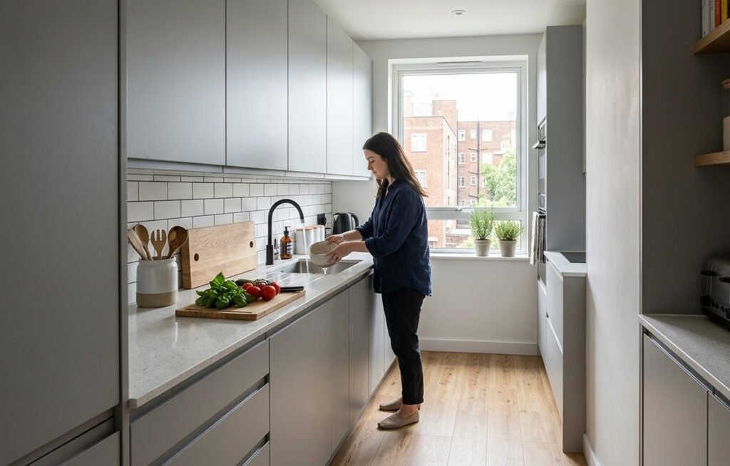 Floor-to-ceiling modular kitchen cabinetry showcasing stacked 42-inch upper wall cabinets seamlessly integrated with a minimalist scribe molding.