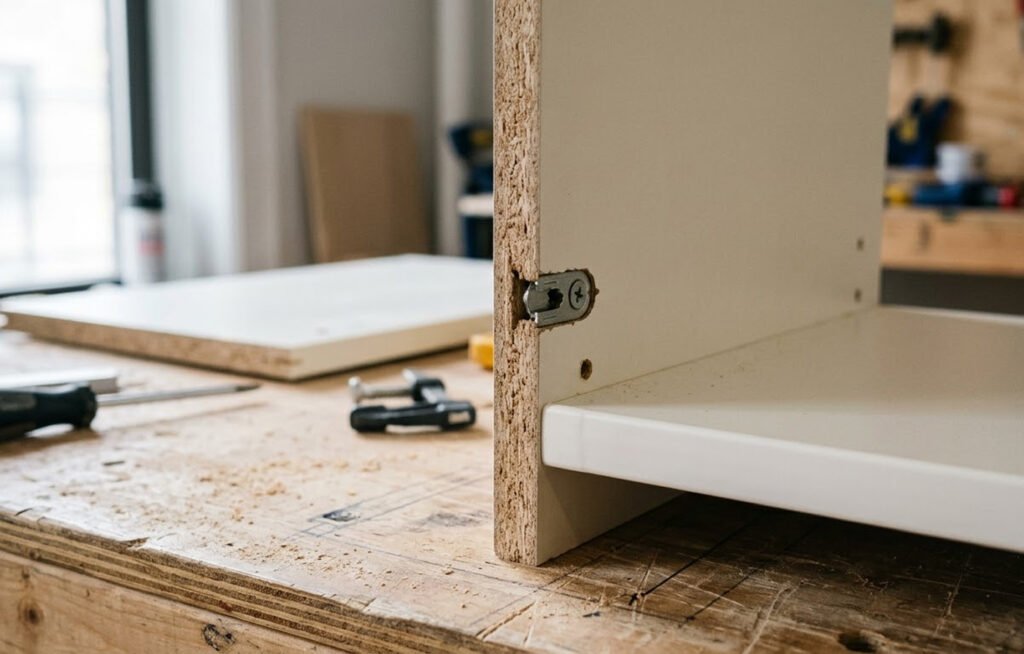 Close-up of high-density fiberboard cabinet box construction featuring moisture-resistant thermofoil wrapping and heavy-duty steel European hinges.