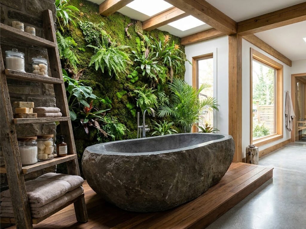 freestanding bathtub carved from a single raw stone boulder