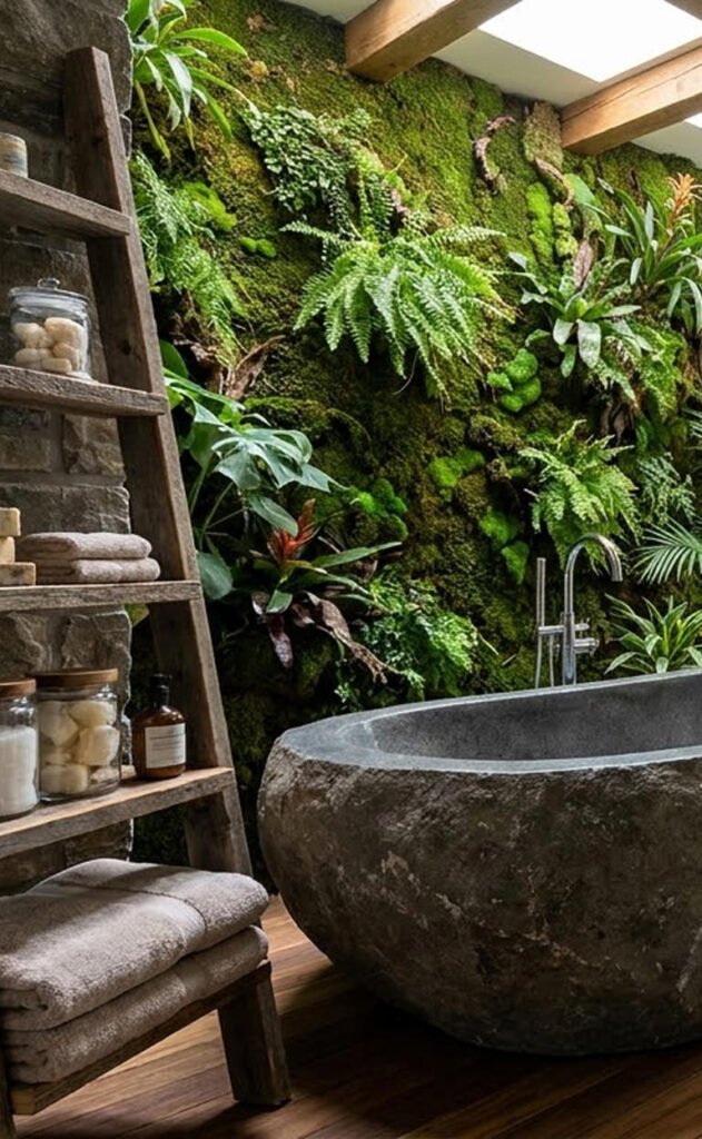 interior green wall densely planted with an array of vibrant ferns mosses and tropical epiphytes