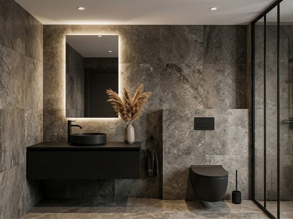 A sophisticated modern bathroom with dark grey textured stone walls and floor. A black floating vanity holds a round black vessel sink, a black faucet, and a vase of dried grass under an integrated backlit mirror. A black wall-hung toilet with a black flush plate and a black-framed glass shower screen are also visible.