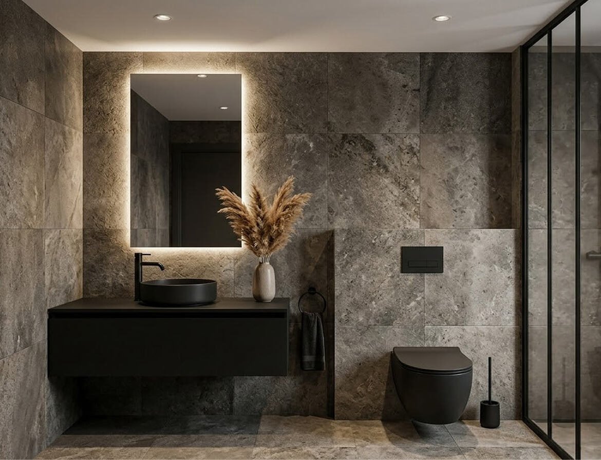 A sophisticated modern bathroom with dark grey textured stone walls and floor. A black floating vanity holds a round black vessel sink, a black faucet, and a vase of dried grass under an integrated backlit mirror. A black wall-hung toilet with a black flush plate and a black-framed glass shower screen are also visible.