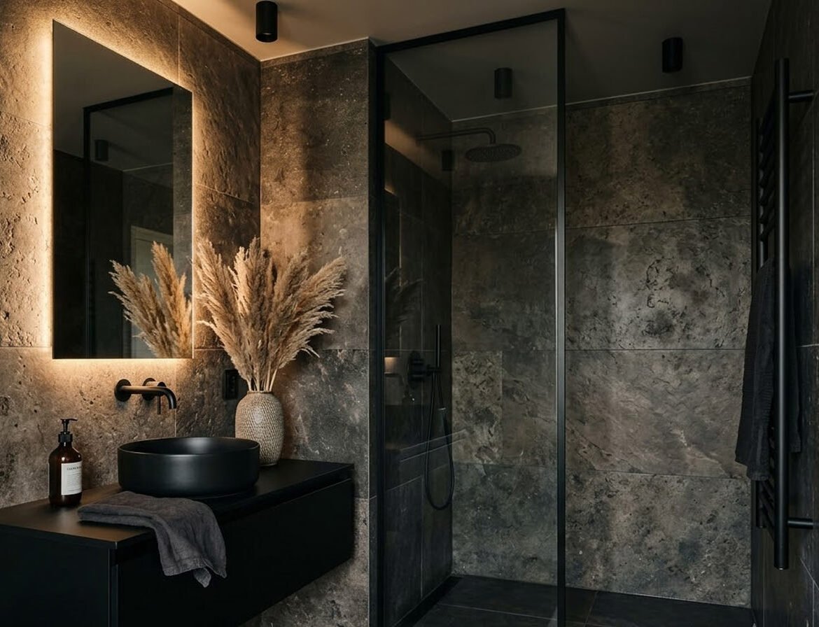 Moody modern bathroom featuring monolithic dark stone walls, a floating matte black vanity with a vessel sink, a warm backlit rectangular mirror, and matte black plumbing fixtures.