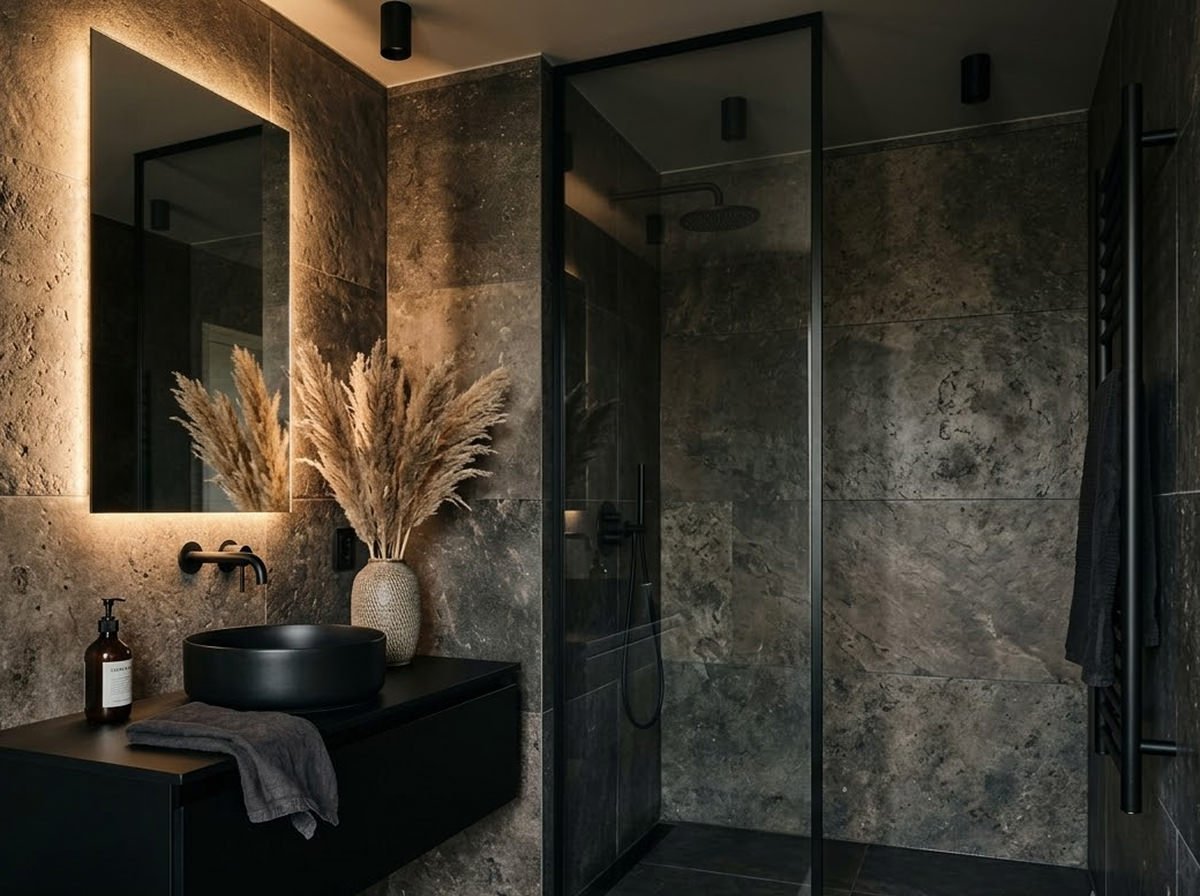 Moody modern bathroom featuring monolithic dark stone walls, a floating matte black vanity with a vessel sink, a warm backlit rectangular mirror, and matte black plumbing fixtures.