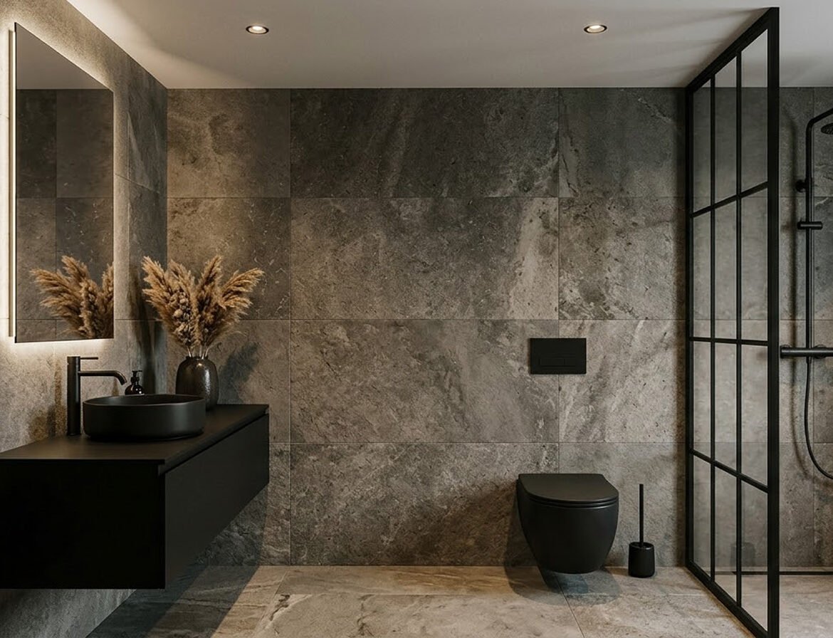 Modern moody bathroom featuring monolithic dark grey stone walls and floors, floating matte black vanity and toilet, a glowing backlit rectangular mirror, and a black grid shower screen.