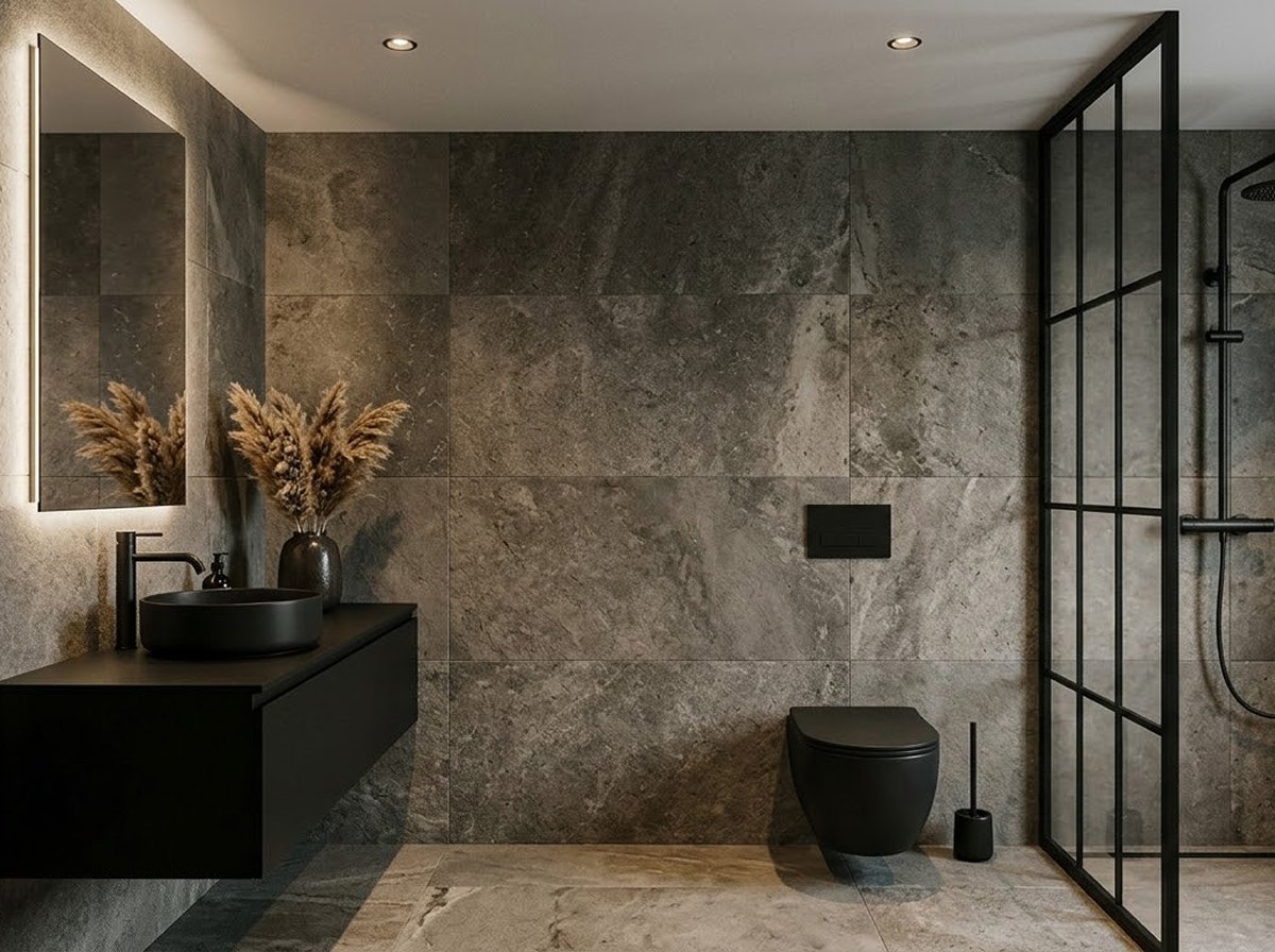 Modern moody bathroom featuring monolithic dark grey stone walls and floors, floating matte black vanity and toilet, a glowing backlit rectangular mirror, and a black grid shower screen.