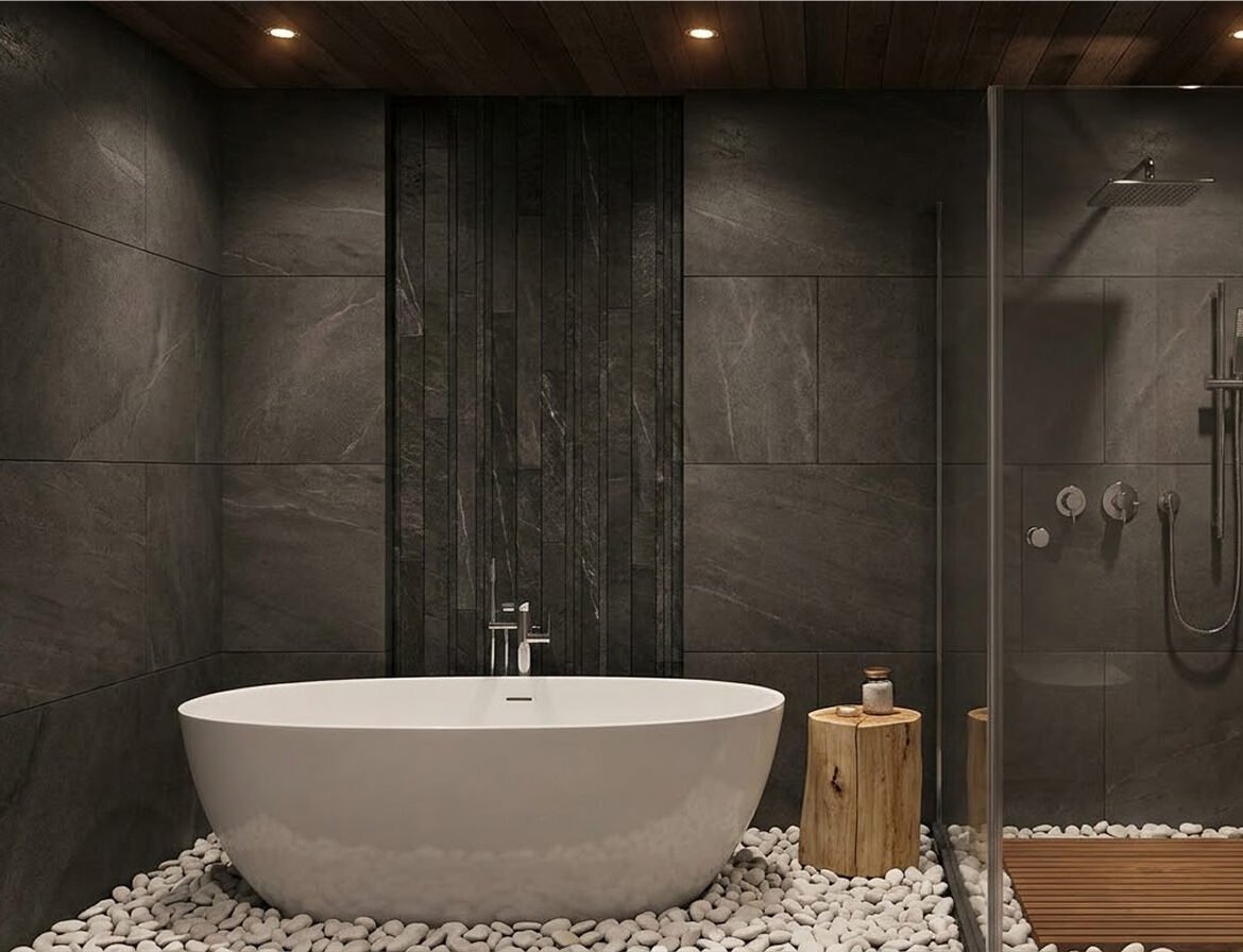 Modern luxury spa bathroom featuring dark charcoal stone walls, white river rock pebble flooring, a white freestanding soaking tub, a raw wood stump side table, and a frameless glass walk-in shower.