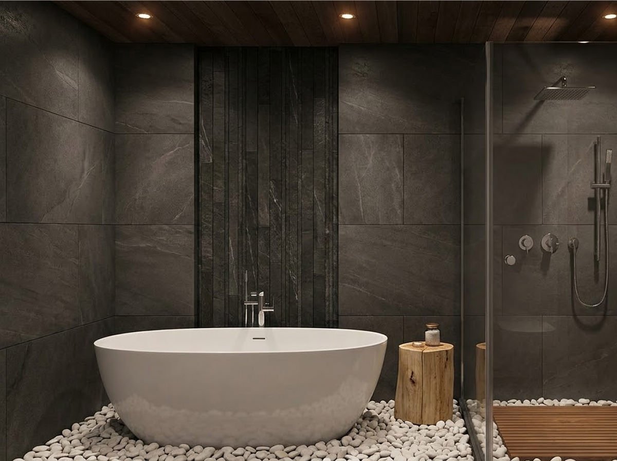 Modern luxury spa bathroom featuring dark charcoal stone walls, white river rock pebble flooring, a white freestanding soaking tub, a raw wood stump side table, and a frameless glass walk-in shower.